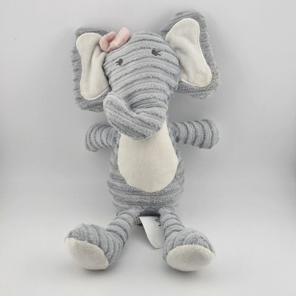 CHICK PEA Gray Elephant Plush Pink Bow Ribbed Stuffed Toy Baby Nursery Girls 11”